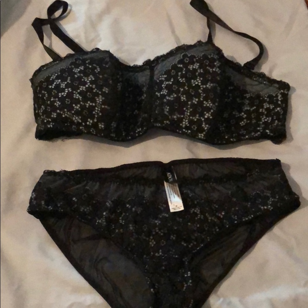 Adore Me black and blue bra and panty set